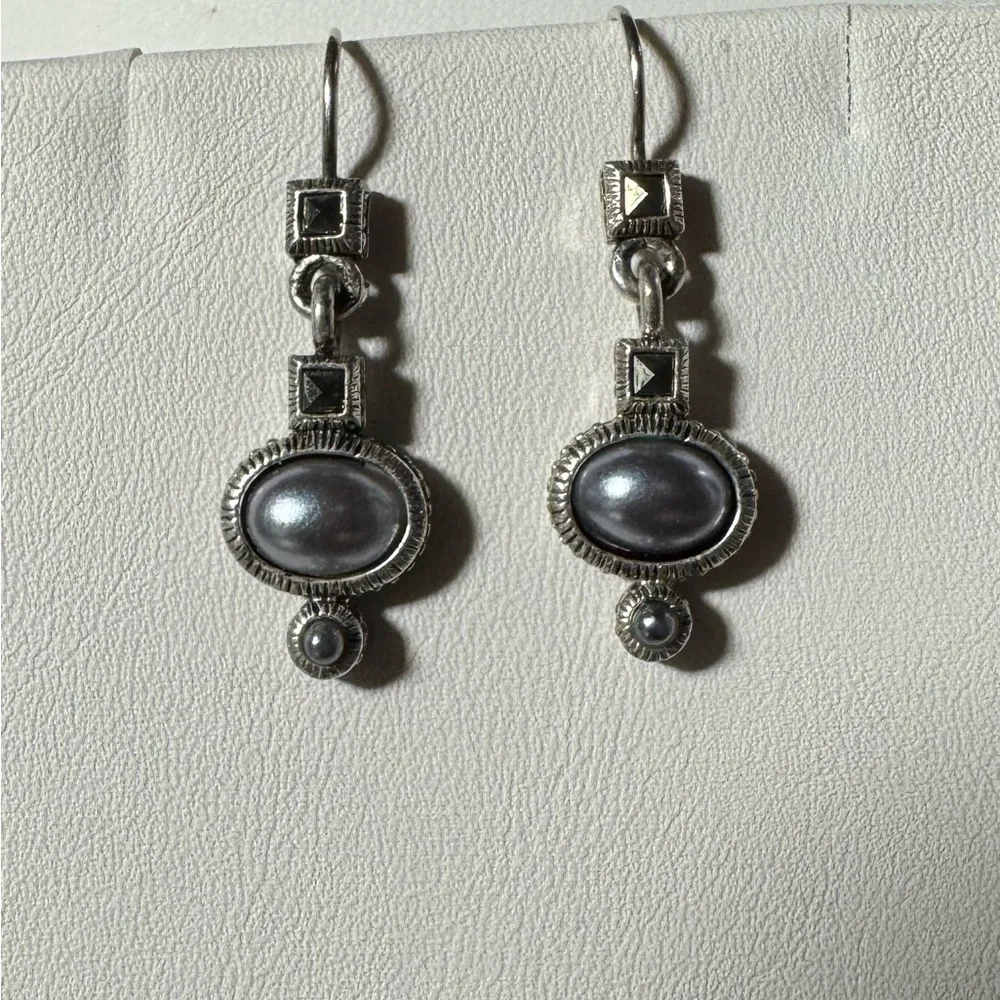 Artisan Pearl Drop Handmade Sterling Silver Earrings Modern Vintage Signed LC